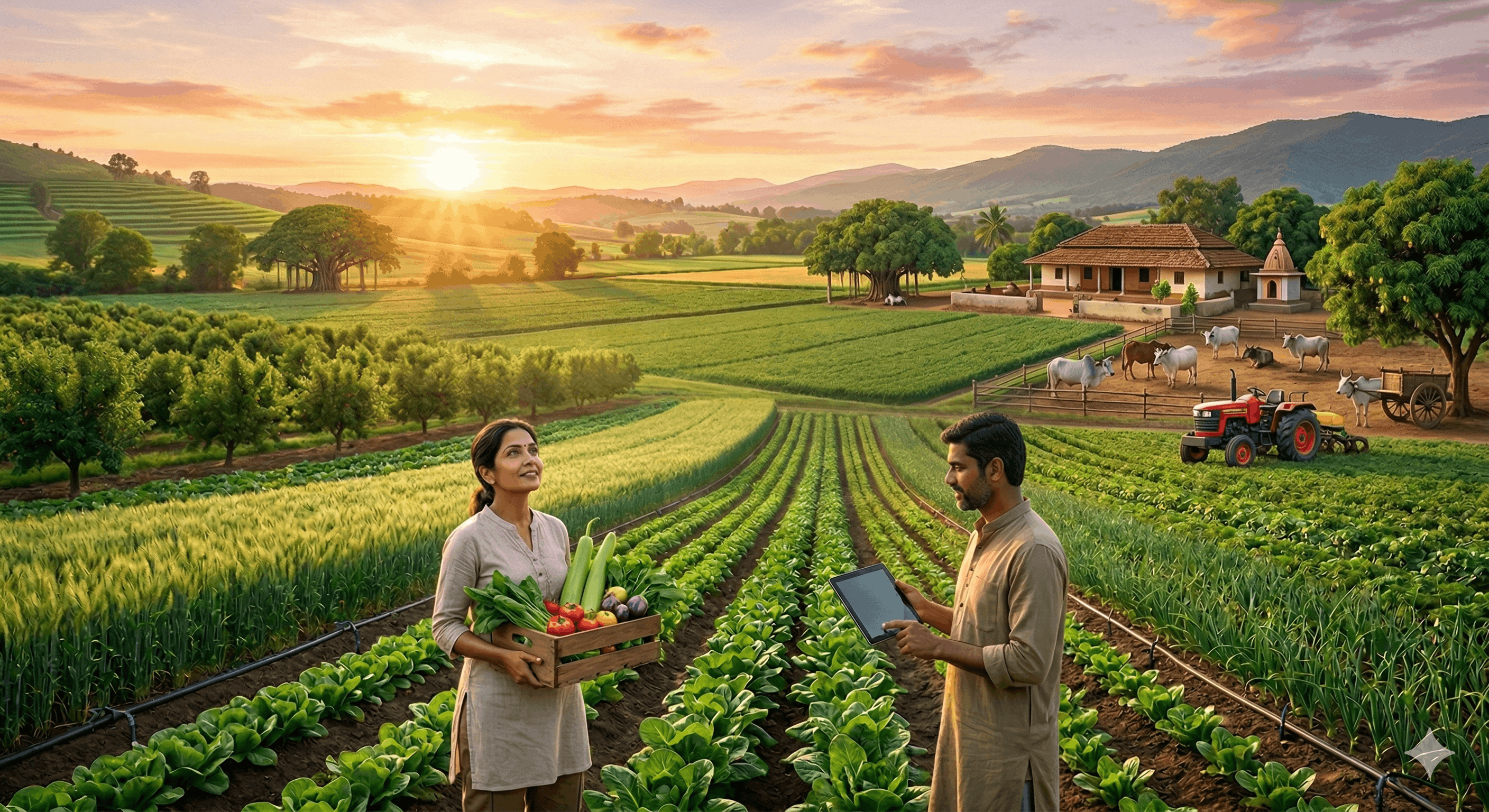 Indian farmers in lush green drip-irrigated fields at golden sunset โ HI-TECH Dhoti Natural Agri Products